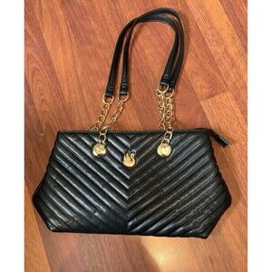 Black Chevron Stitch Quilted Shoulder Bag Gold Chain Strap Evening Handbag